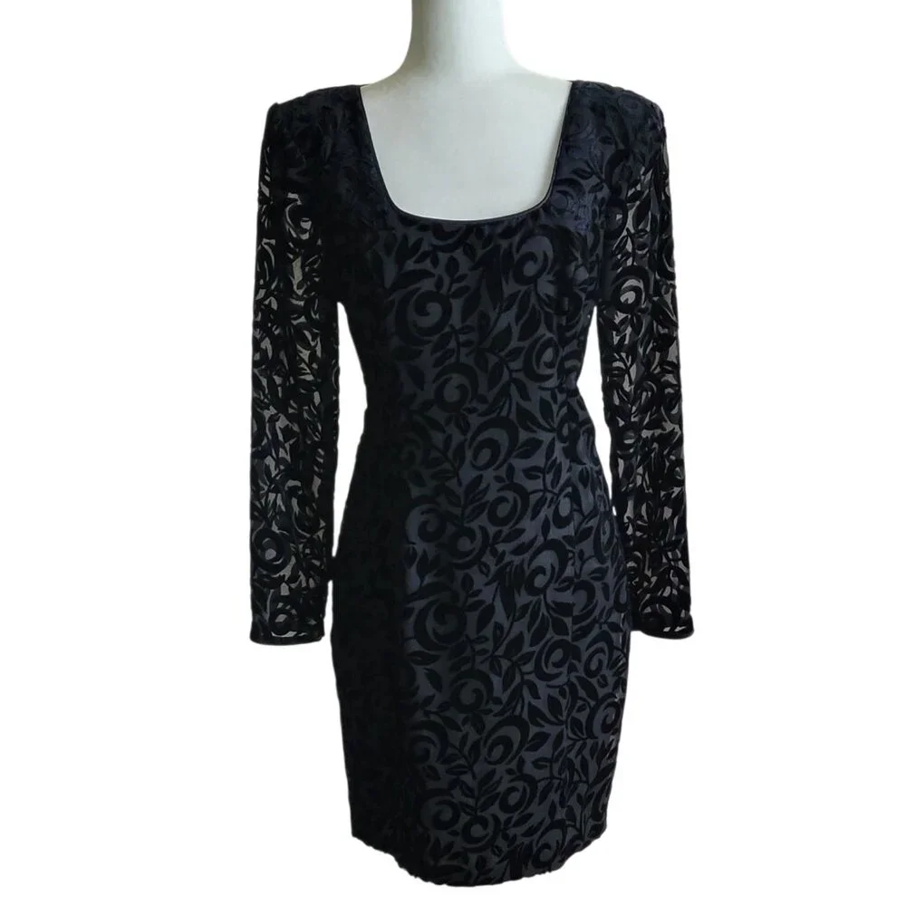 Vintage 90s Black Velvet Burnout Floral Cocktail Dress | Long Sleeve Sheer Y2K